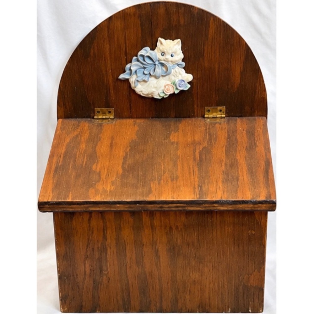 Vintage Wooden Recipe Box Wall Mount Slanted Lid White Cat Bow Floral Rustic